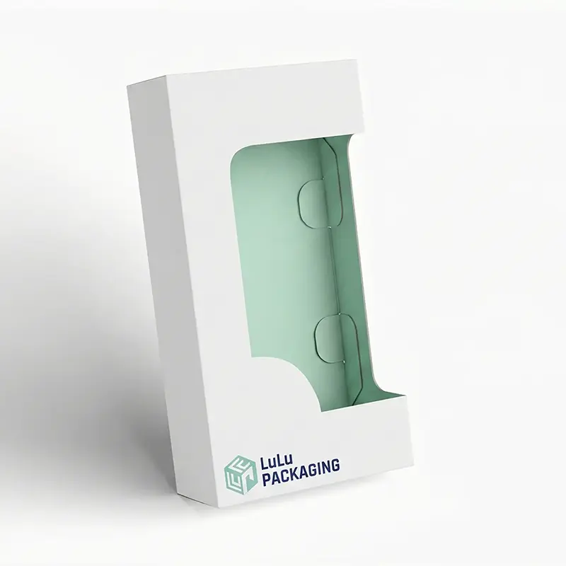 White window patch cosmetic packaging box with transparent product viewing display opening